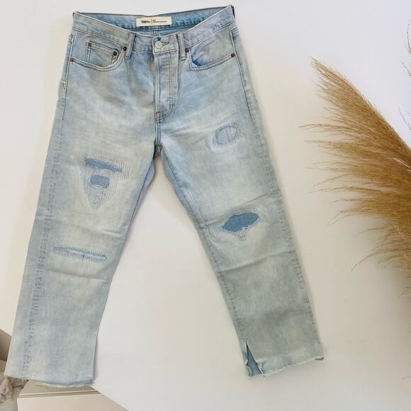 GAP Acid Light Blue Wash High Rise Raw Hem Straight Leg Distressed Jeans 28 - Picture 1 of 6